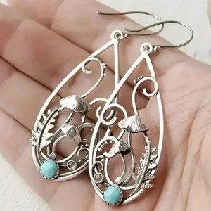 Earrings Turquoise Mushroom 3D Tear Drop Spiral Boho Alice Wonderland Unique NEW